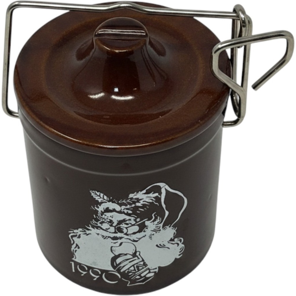 Vintage 1990 Santa Claus Brown Stoneware Canister Wire Bail Lid Christmas Jar